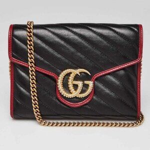 Gucci Black/Red Quilted Leather Marmont Torchon Mini Chain Wallet Clutch Bag